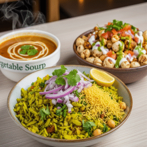 Poha(Red Rice) + Makhanan Chat + Veg Soup Combo