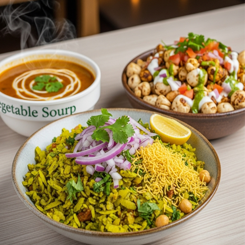 Poha(Red Rice) + Makhanan Chat + Veg Soup Combo